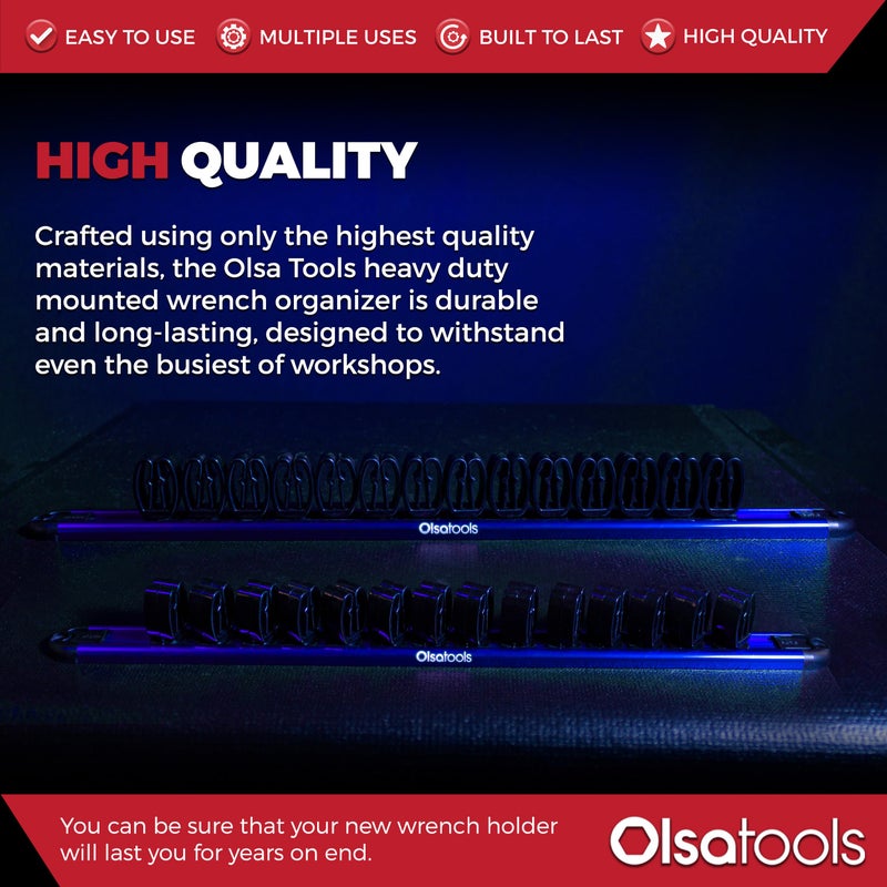 Olsa Tools Wall Mount Wrench Organizer - Rotating Clip Rack for 14 Wrenches - Blue Anodized Aluminum with Black Clips - Space Saving Tool Holder - Professional Grade Storage Solution - Part: 1029 - Image 5